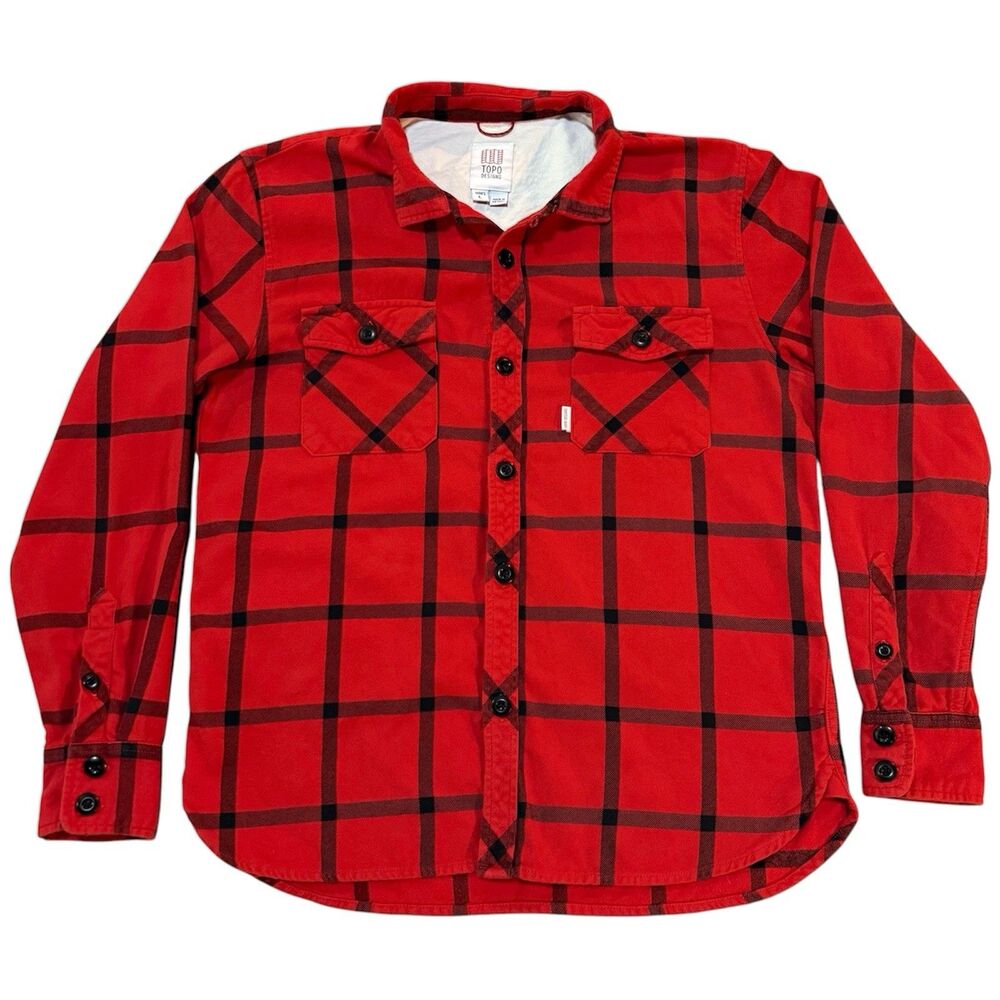 Topo Designs Field Plaid Button Up Red Flannel Shirt Long Sleeve Men's Large
